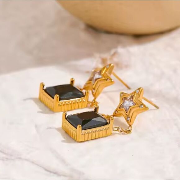 New Stunning 18k Gold Ss and Black Cubic Zircona Star Drop Earrings - Picture 7 of 9